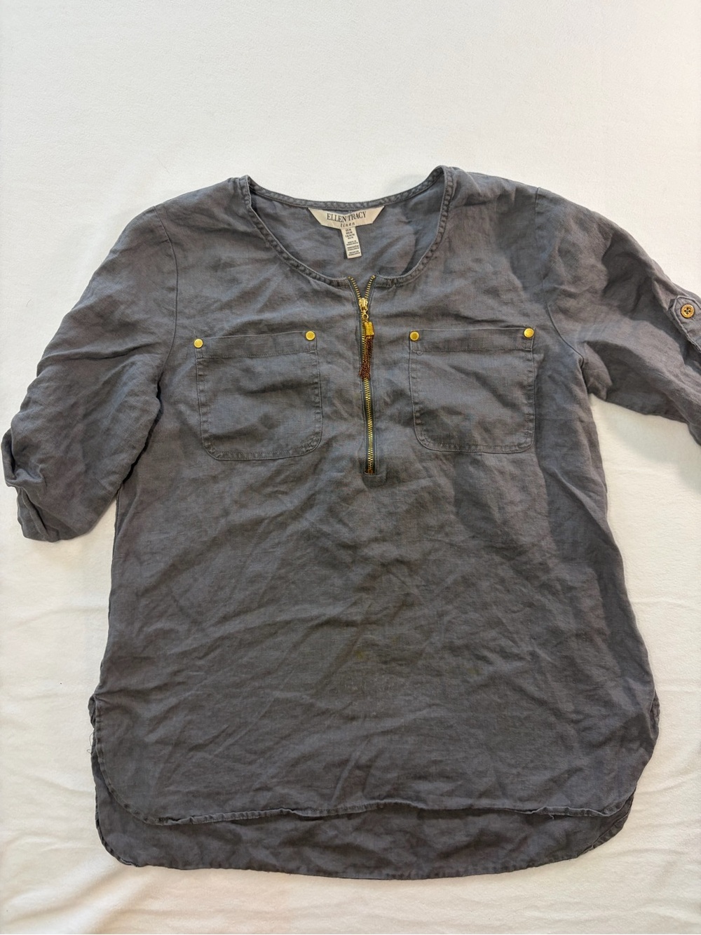 Ellen Tracy Women's Slate Gray Zip Linen Blend Shirt